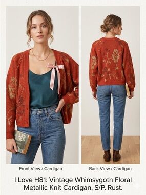 Rare Vintage I Love H81 Whimsygoth Floral Metallic Knit Cardigan S/P RUST EUC *